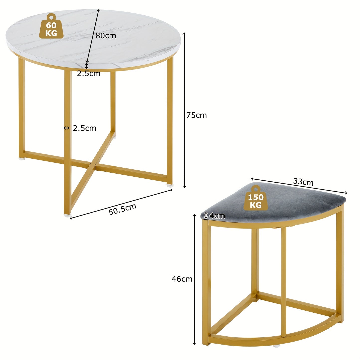Eetkamerset – Eettafelset – Eettafel Met Stoelen – Dining Table Set – Velvet Stoelen – Compact Design – MDF Tafelblad Met Goudkleurig IJzerframe