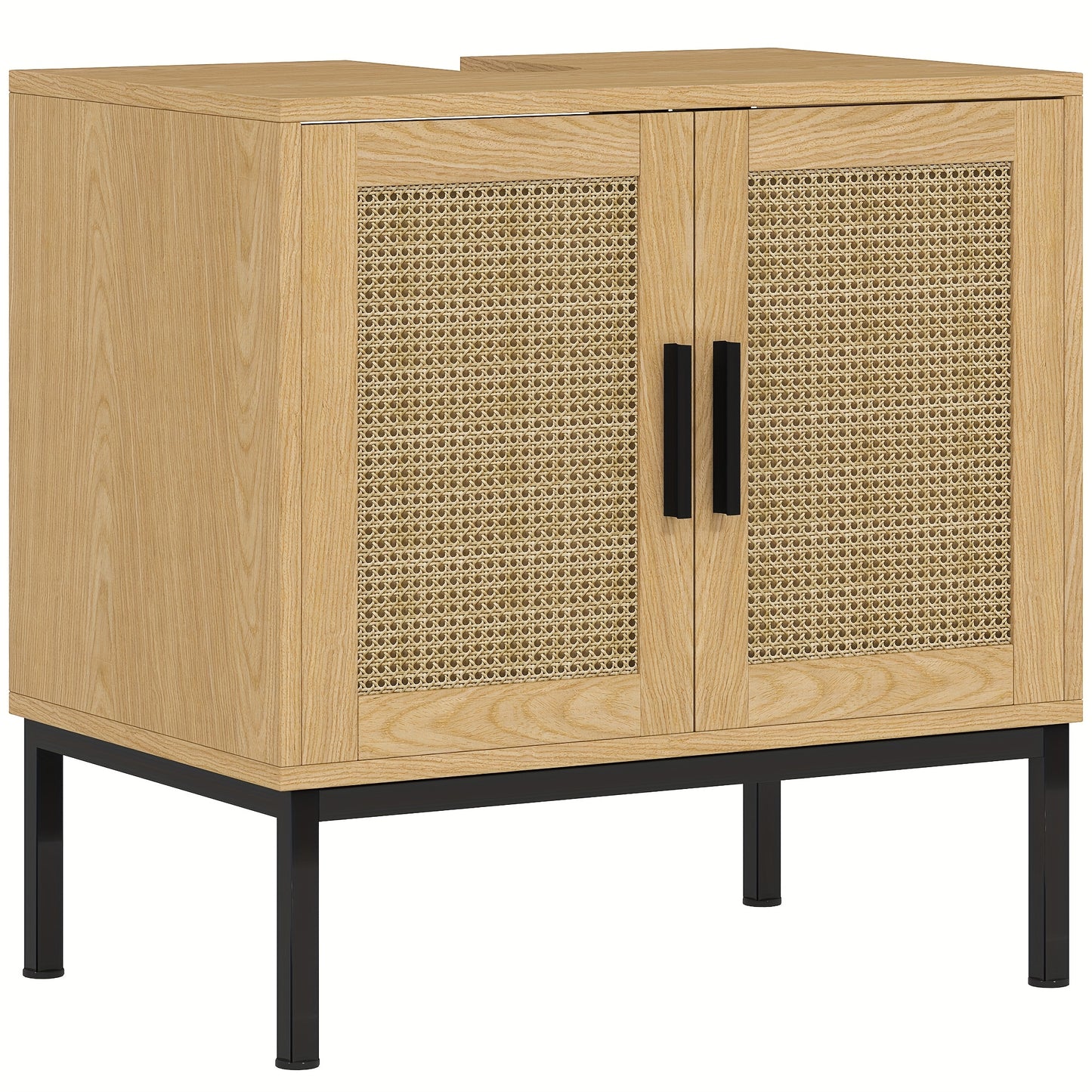 Badkamerkast – Wastafelonderkast – Onderkast – Opbergkast – Kolomkast – Eiken Kleur – Rattan Look – Anti-Kantel Bescherming – 60 x 39 x 60 cm