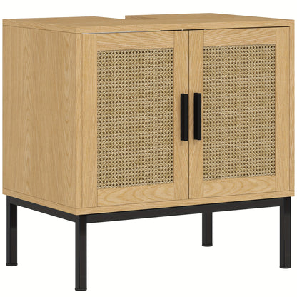 Badkamerkast – Wastafelonderkast – Onderkast – Opbergkast – Kolomkast – Eiken Kleur – Rattan Look – Anti-Kantel Bescherming – 60 x 39 x 60 cm