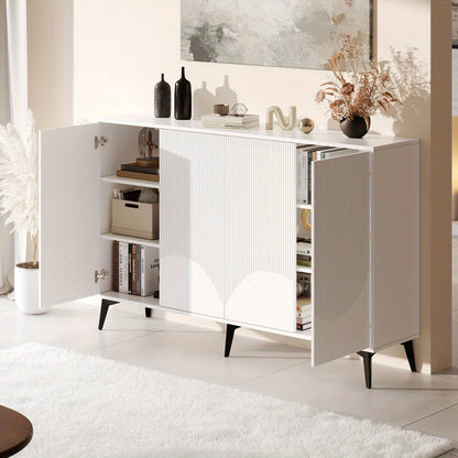 Modern White Metal Storage Cabinet with 4 Doors & Adjustable Shelves - Freestanding Floor Cabinet, 68.58cm Height, 4-Wheel Mobility, No Assembly Required, Space-Saving Design for Entryway, Living Room, Bedroom - Durable Metal