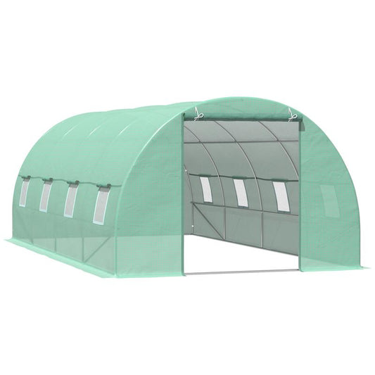 Heavy Duty Greenhouse with Arched Design & Window - Large 595x300x200cm (19.5x9.8x6.6ft) Outdoor Plant Insulation Room, Durable Plastic Construction with Sturdy Frame, All-Weather Protection, Ventilation System & Shelving Compatible for Backyard