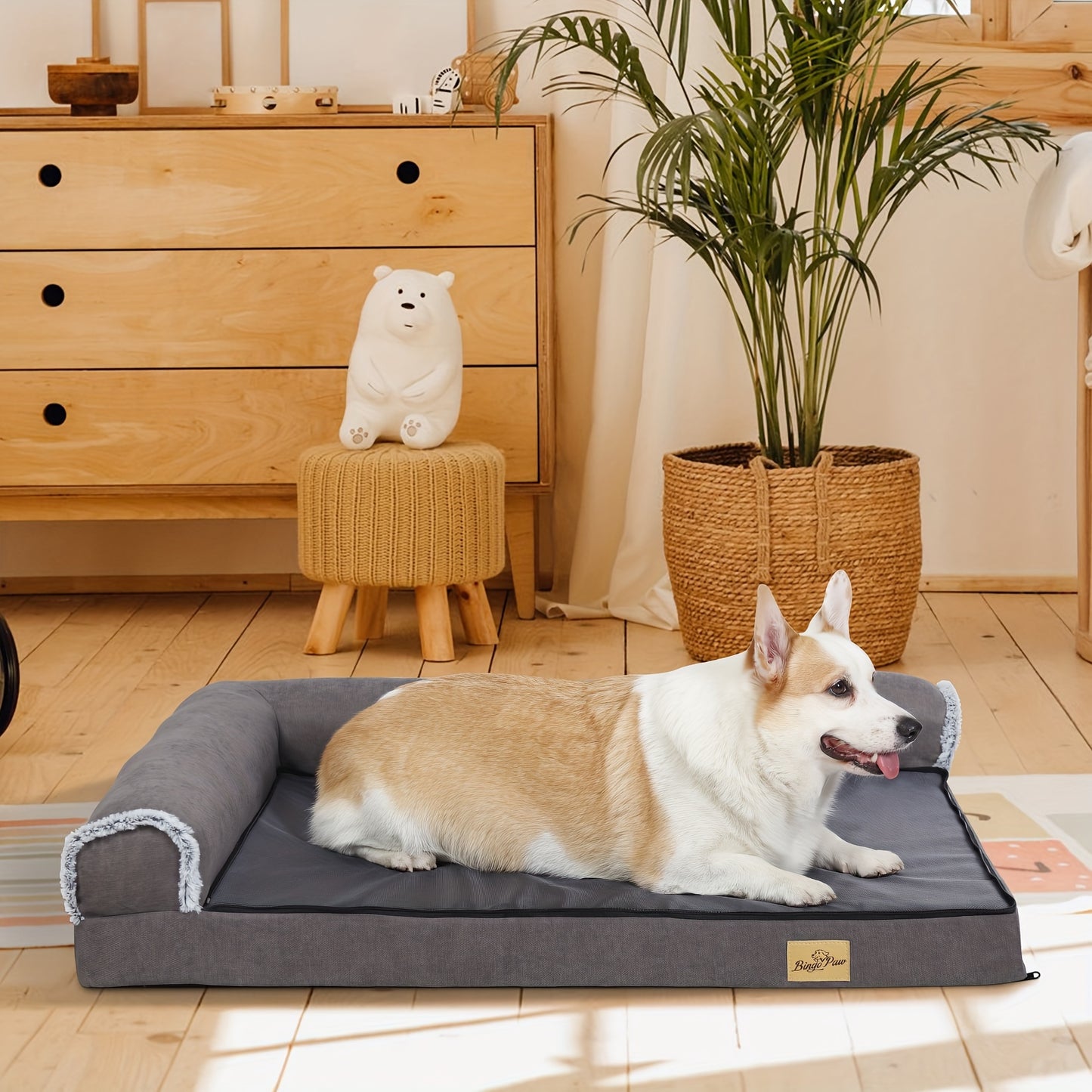 Hondenmand – Hondensofa – Hondenkussen – Hondenbed – L-vormige Hondenmand 2XL – Grote Honden – Wasbare Pluche Hoes – Comfortabel Poliurethaan Schuim