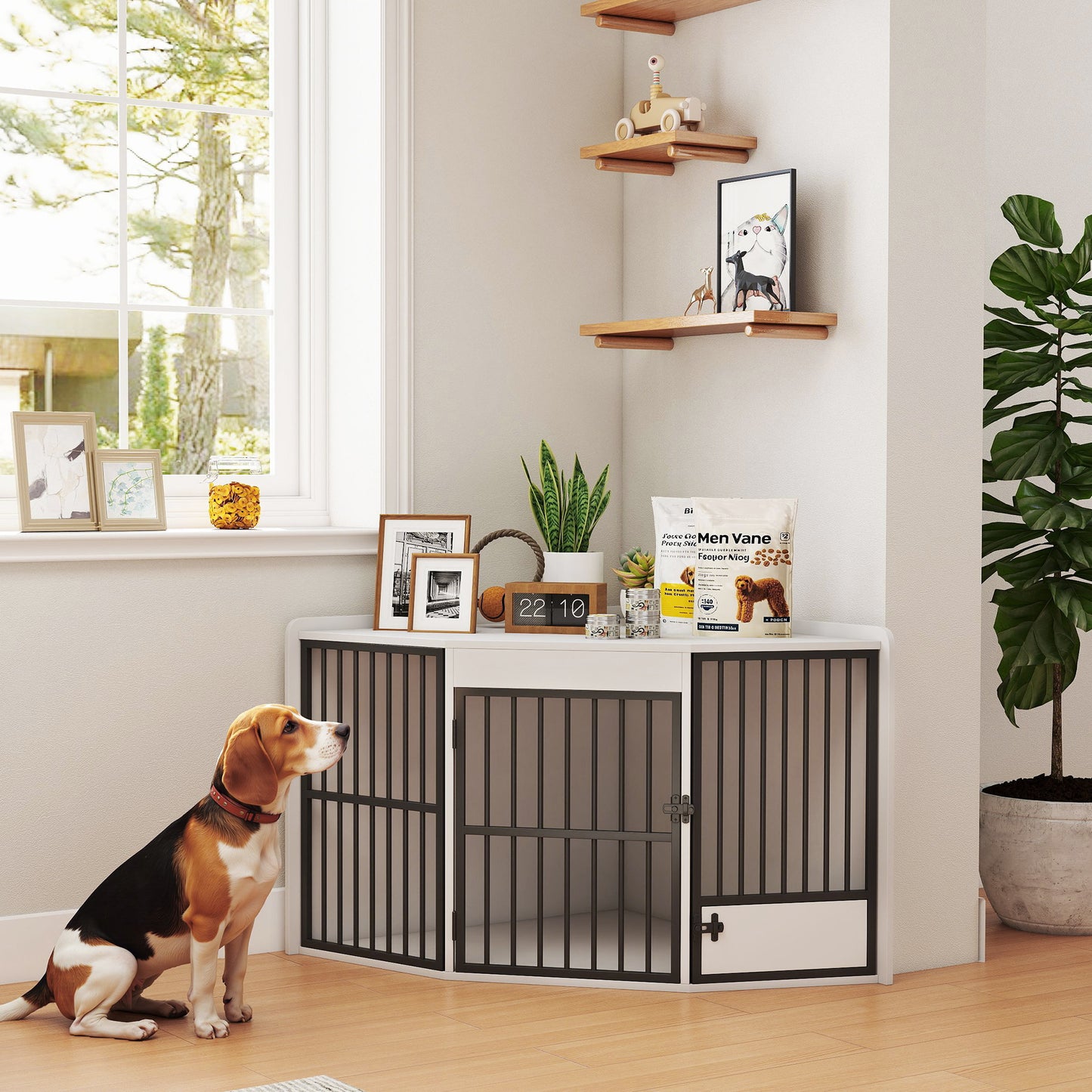 Hondenbench – Hondenhok – Hondenkooi – Transportbench – Reisbench – Hoekontwerp – Met Voerluik – Metaal & MDF – Wit – Voor Kleine en Middelgrote Honden