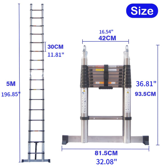 Telescopische Ladder – Uitschuiflader – Vouwladder – A-Frame Ladder – Multitrap – Roestvrij Staal – 5 Meter Hoogte – Draagvermogen 150 kg