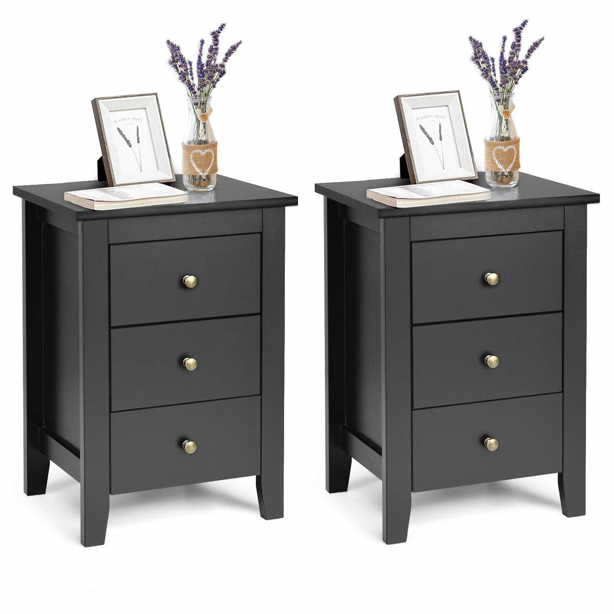 Nachtkastje – Bedside Table – Nachtkastjes – Opbergkastje – Bijzettafeltje – 2-Delige Set – 3 Lades – Mat Zwart – MDF & Multiplex – Compact 46x37x65 cm – Hoge Draagkracht 30 kg
