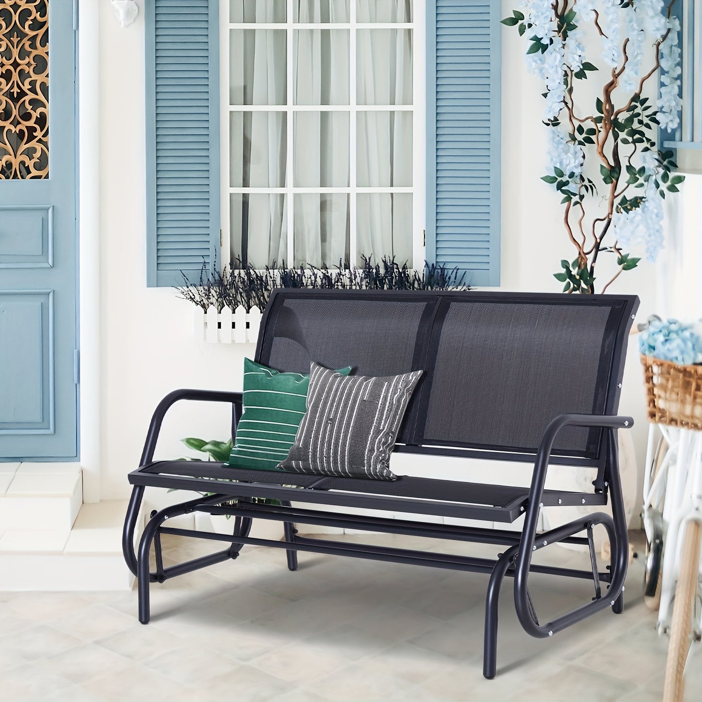 Modern Metal Garden Swing Chair & Bench with Cushion-Friendly Seat - Heavy-Duty Black All-Weather Patio Furniture, Wide Comfortable Design with Armrests, Sturdy Frame for Balcony, Deck, Backyard - Easy Assembly Required, 120