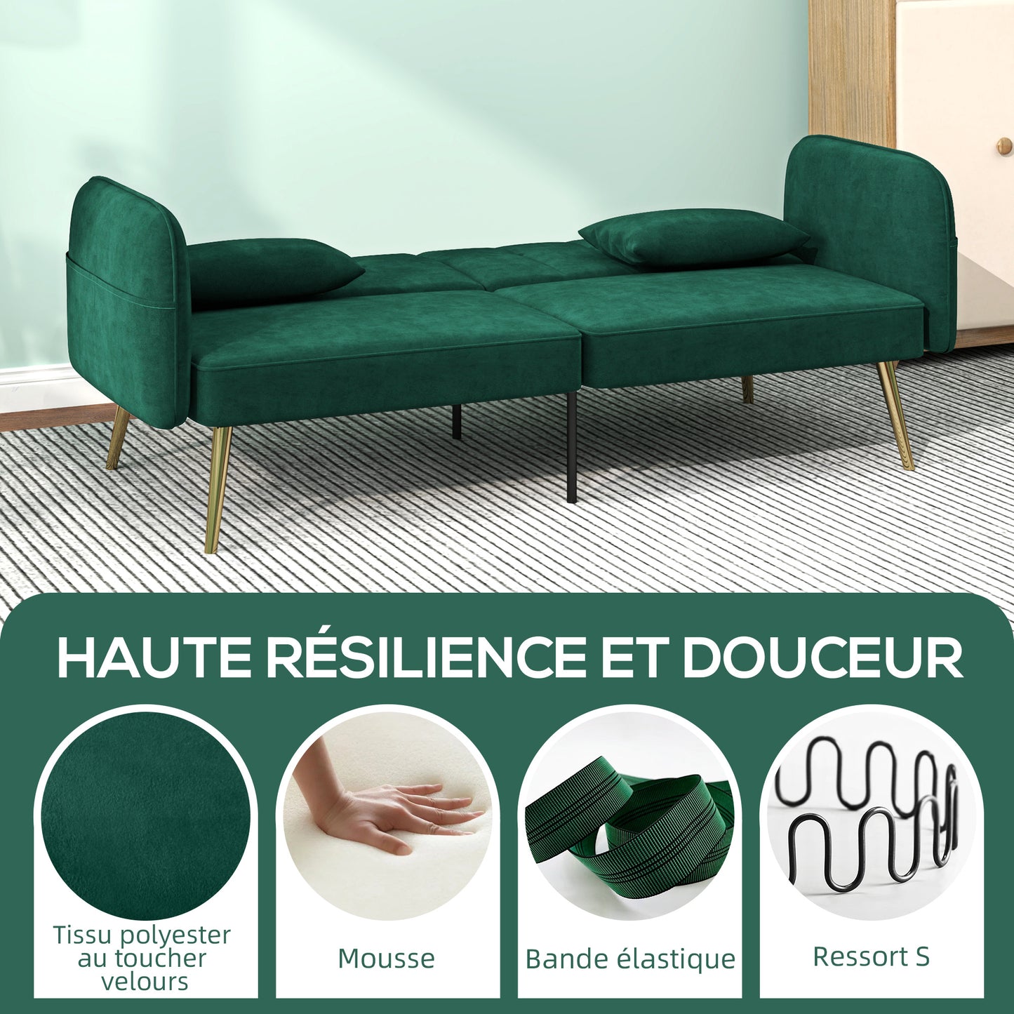 2-Zits Slaapbank – Tweepersoonsbed – Klikklak Bank – Sofa Bed – Slaapbank Donkergroen – Verstelbare Rugleuning – Velvet Bekleding