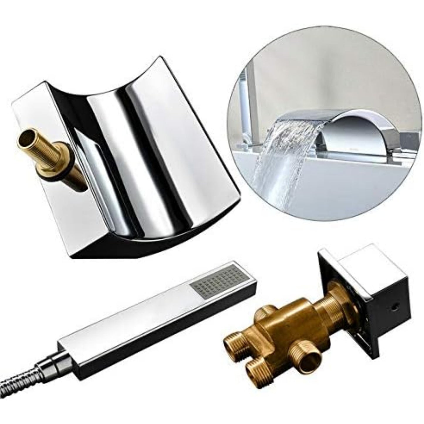 Quiltern Modern Waterfall Bath Faucet - Edge Mount 5-Hole Installation for 1/2" Hose, Brass & Chrome Bathroom Sink/Fixture with Spiral Drain & Valve