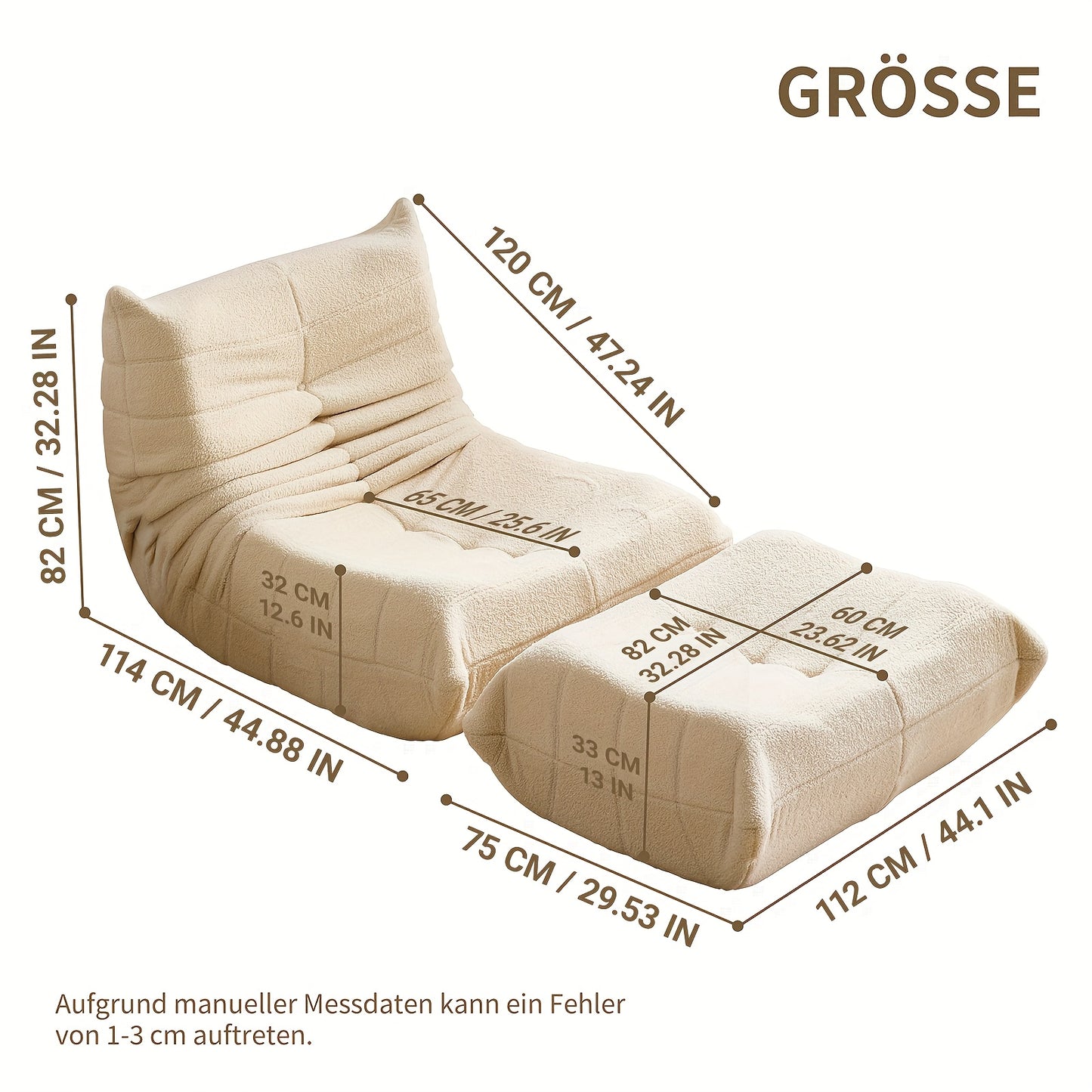 Loungestoel – Zitzakstoel – Armloze Fauteuil – Accentstoel – Chaise Lounge – Ergonomisch Ontwerp – Zachte Sherpa Bekleding – Beige Met Voetenbank