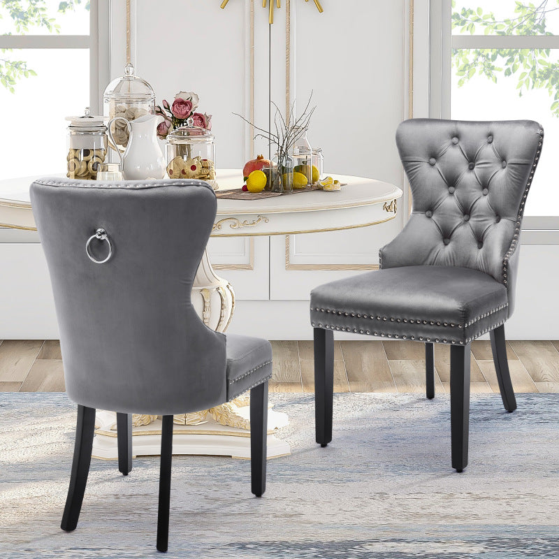 Velours Eetkamerstoelen – Stoelen Set – Lounge Stoelen – Keukenstoelen – Slaapkamerstoelen – Grijs Velours – Eikenhouten Poten – Vintage Knopbeslag
