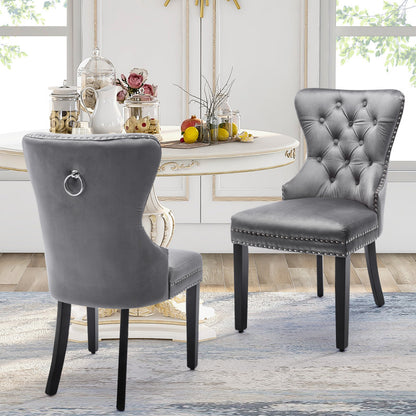 Velours Eetkamerstoelen – Stoelen Set – Lounge Stoelen – Keukenstoelen – Slaapkamerstoelen – Grijs Velours – Eikenhouten Poten – Vintage Knopbeslag