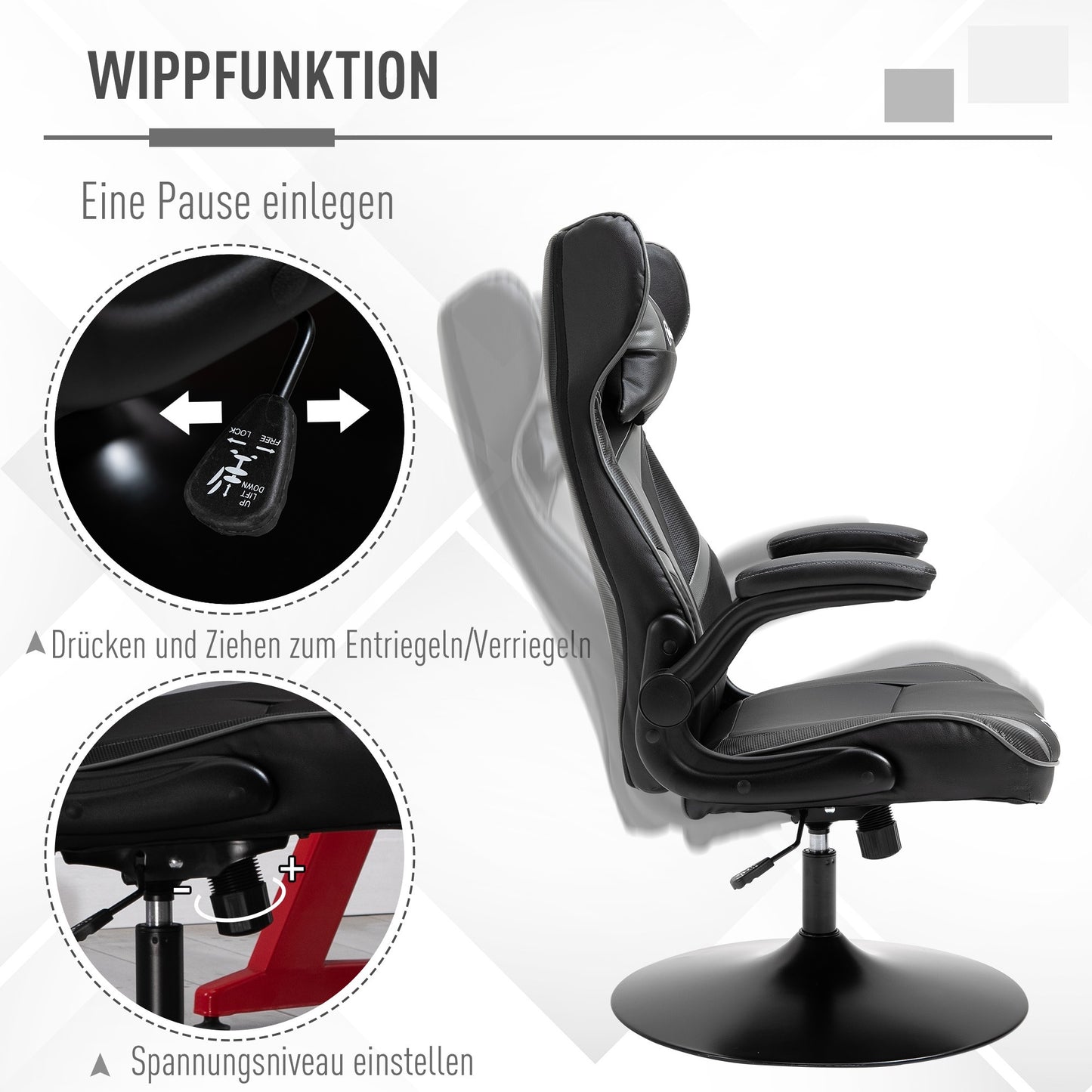 Gamingstoel – Ergonomische Bureaustoel – Gamestoel – Draaistoel – Comfortstoel – Zwart-Grijs – Verstelbare Hoogte – Kantelfunctie met Vergrendeling