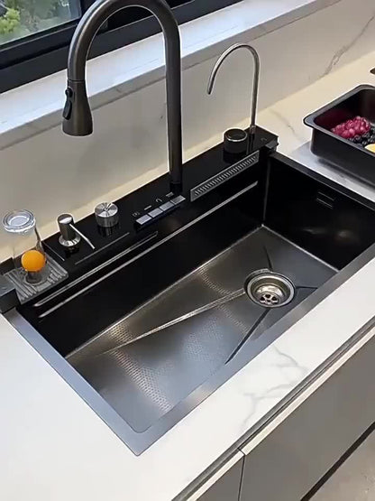 Large Stainless Steel Kitchen Sink with Double Waterfall Design, Intelligent Digital Display & Ambient Lighting – Durable 304 Stainless Steel, Thickened & Embossed for Wear-Resistance, Multifunctional for Washing Vegetables
