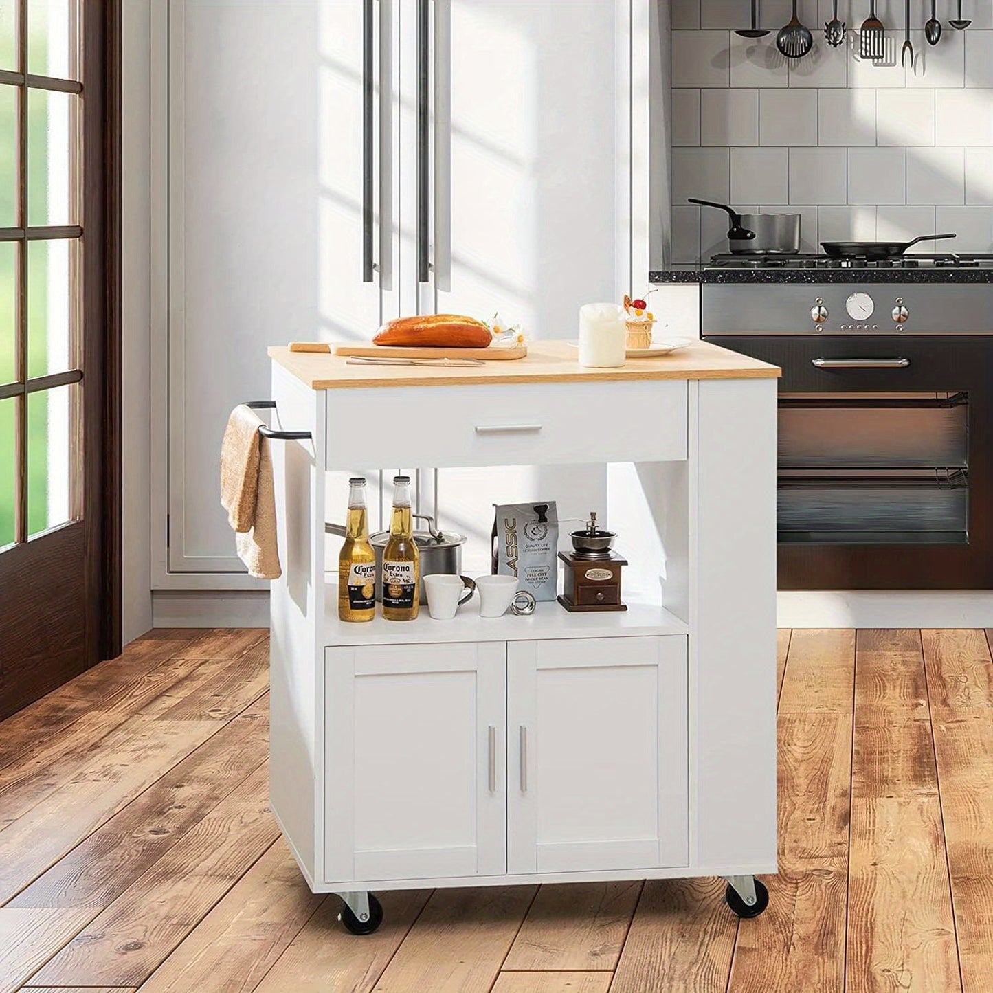 Keukenwagen – Keukentrolley – Keukenkar – Serveerwagen – Opbergwagen – Mobiel met Remmen – Brede Waterbestendige Bovenplaat – Compact MDF & Hardhout Wit
