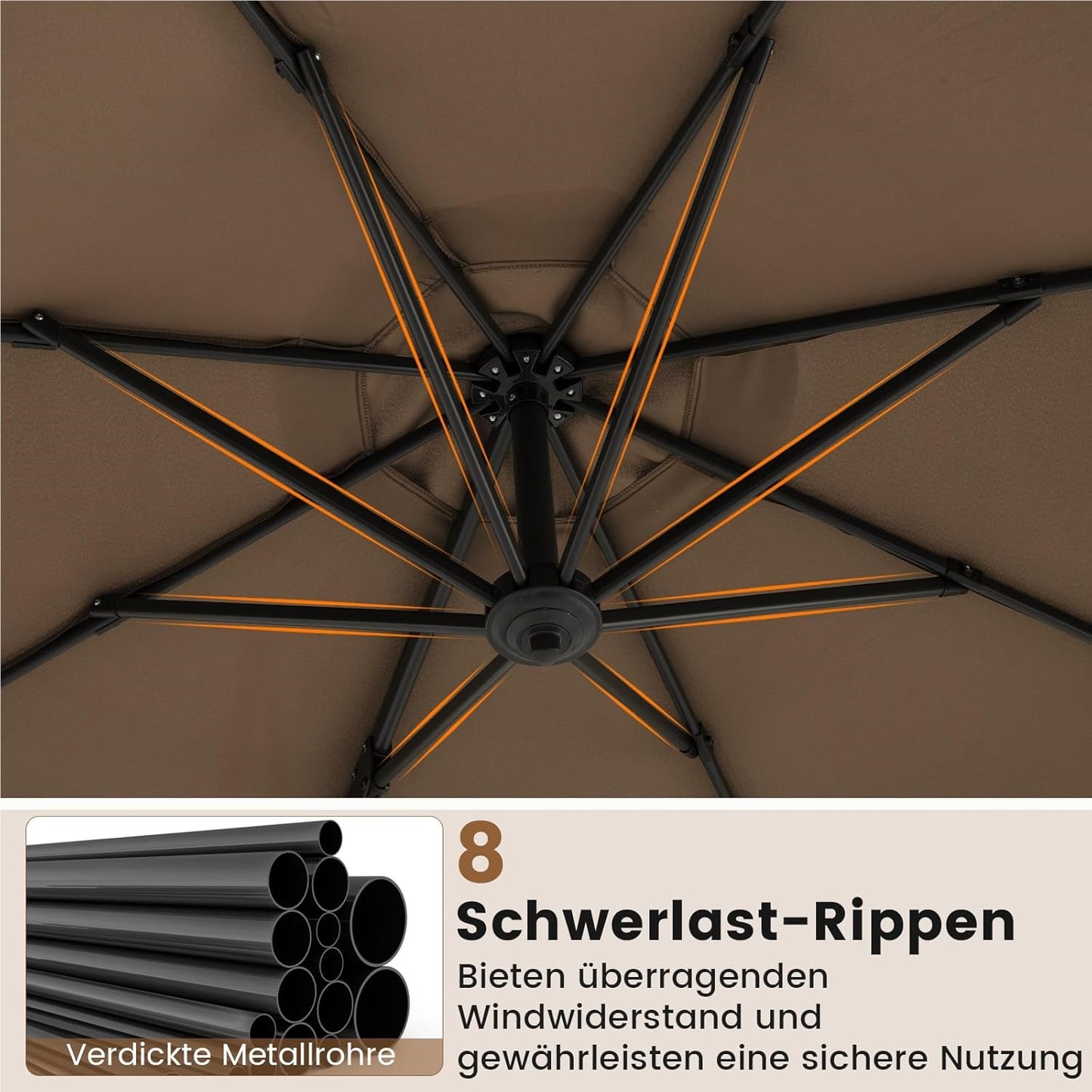 Parasol – Tuinparasol – Zweefparasol – Balkonparasol – Stokparasol – Ø 300 cm – Kantelbaar & 360° Draaibaar – UV-bestendig Polyester – Robuuste Aluminium Frame – Bruin
