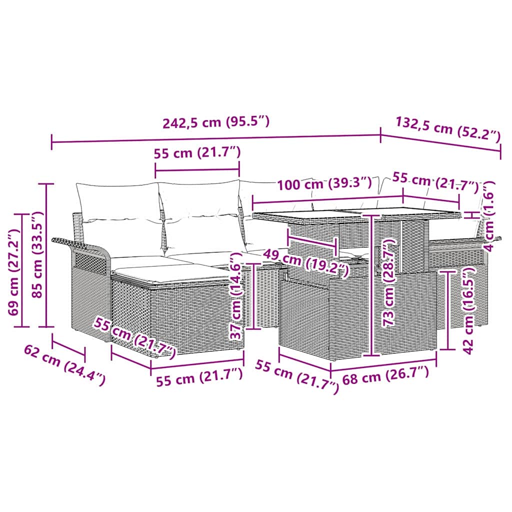 Tuinbank – Buitenbank – Loungeset – Modulair Sofa – Tuinmeubel – Handgeweven Poly Rattan – Verstelbaar Met Lichtgrijze Kussens