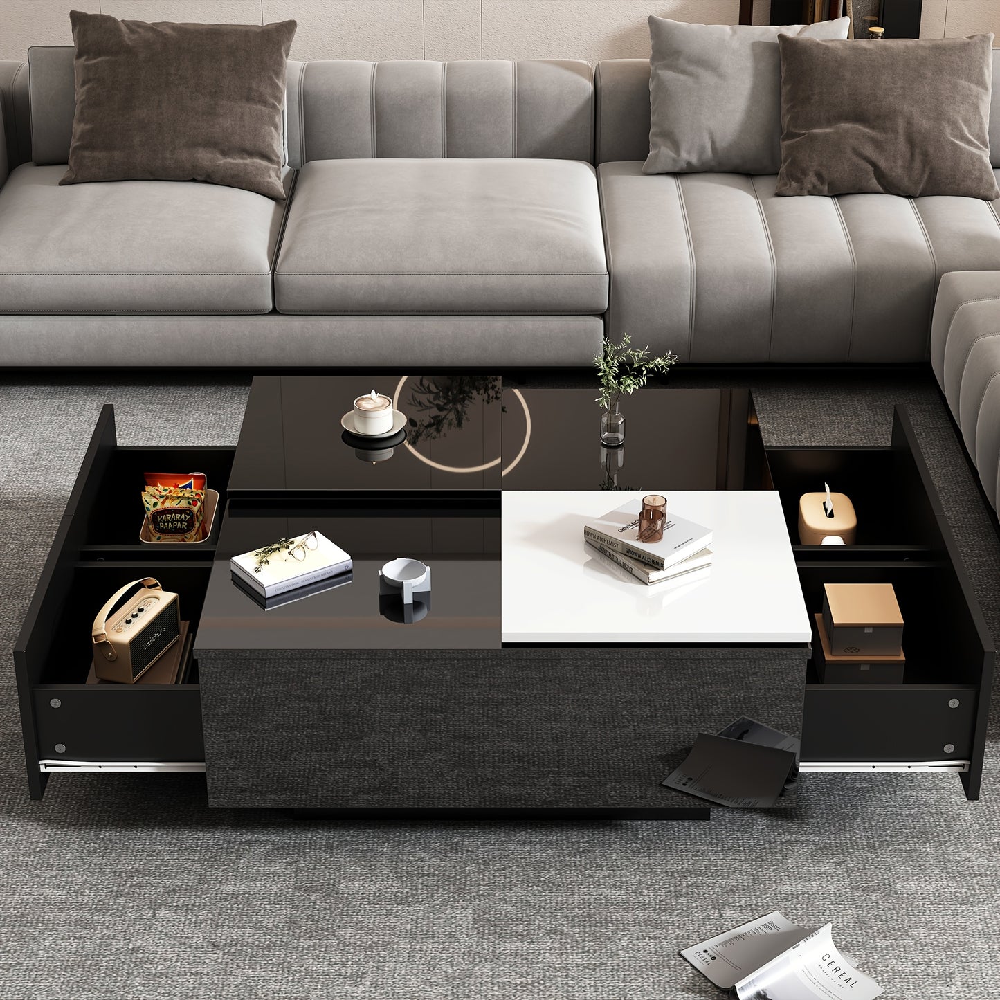 Salontafel – Koffietafel – Tafel – Bijzettafel – Opbergtafel – Zwart Hoogglans Met Wit Uitschuifbaar Blad – Duurzaam Hardhout – Compact Ontwerp Voor Kleine Ruimtes
