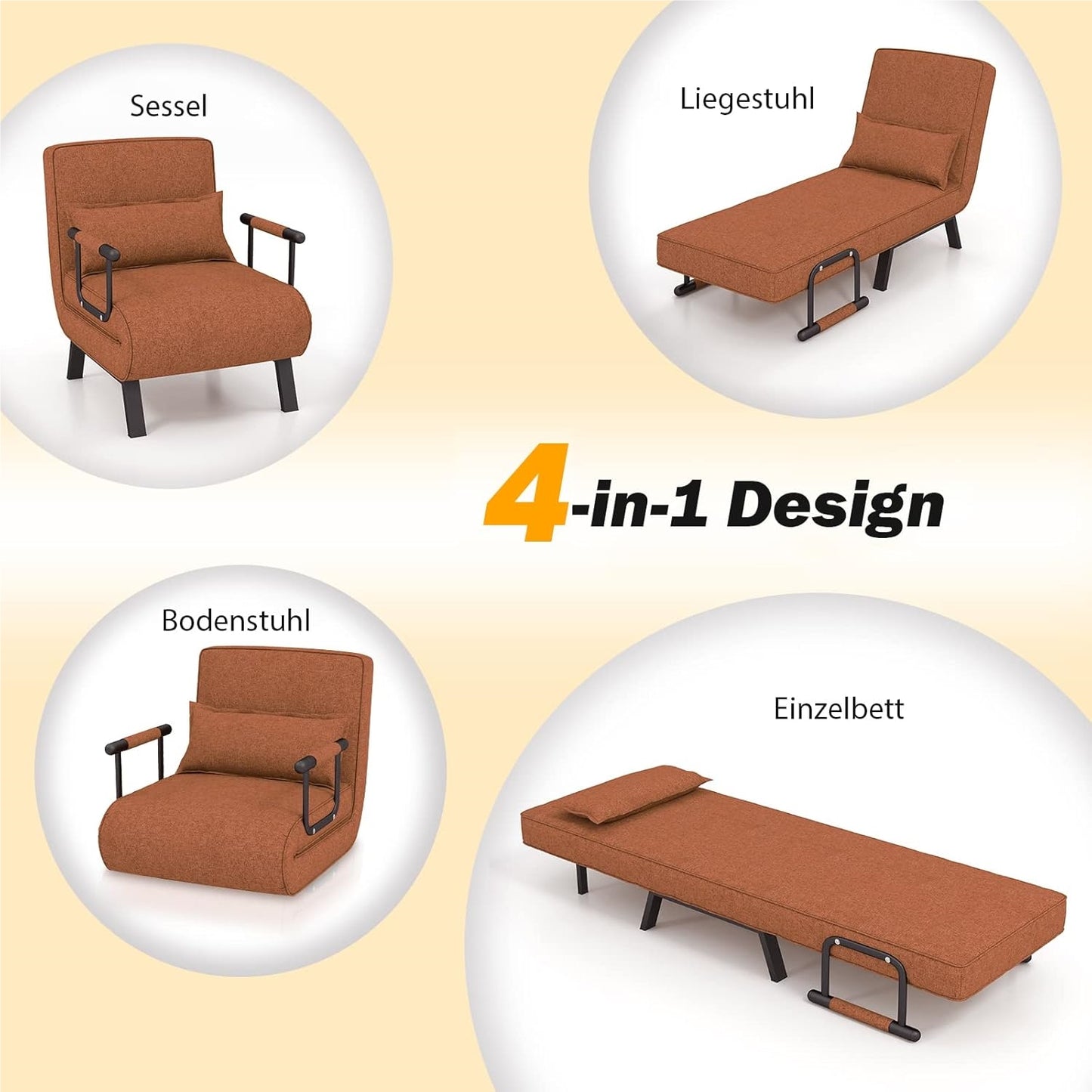 4-in-1 Slaapbank – Slaapstoel – Loungestoel – Opvouwbare Bank – Eénpersoonsbed – 6-voudig Verstelbare Rugleuning – Comfortabel Linnen Met Katoenen Vulling – Coffee Gray