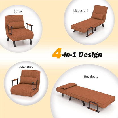 4-in-1 Slaapbank – Slaapstoel – Loungestoel – Opvouwbare Bank – Eénpersoonsbed – 6-voudig Verstelbare Rugleuning – Comfortabel Linnen Met Katoenen Vulling – Coffee Gray