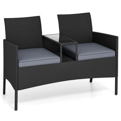 Tuinbank met Tafel – 2-Zits Loungeset – Buitenbank – Terrasmeubilair – Balkonmeubel – Weerbestendig – Met Geïntegreerde Tafel en Comfortabele Kussens – Grijs