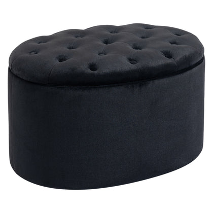 Opbergpoef – Opbergbank – Opbergbox – Zitkist – Voetenbank – Zwart Velvet-achtig Polyester – Ovaal 71x52x42 cm – Comfortabel Met Opbergruimte