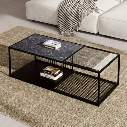 Coffee table, side table, wrought iron coffee table with glass, large storage space, decorative wire design on the sides and bottom adds modernity and artistic touch, 110*48*35cm