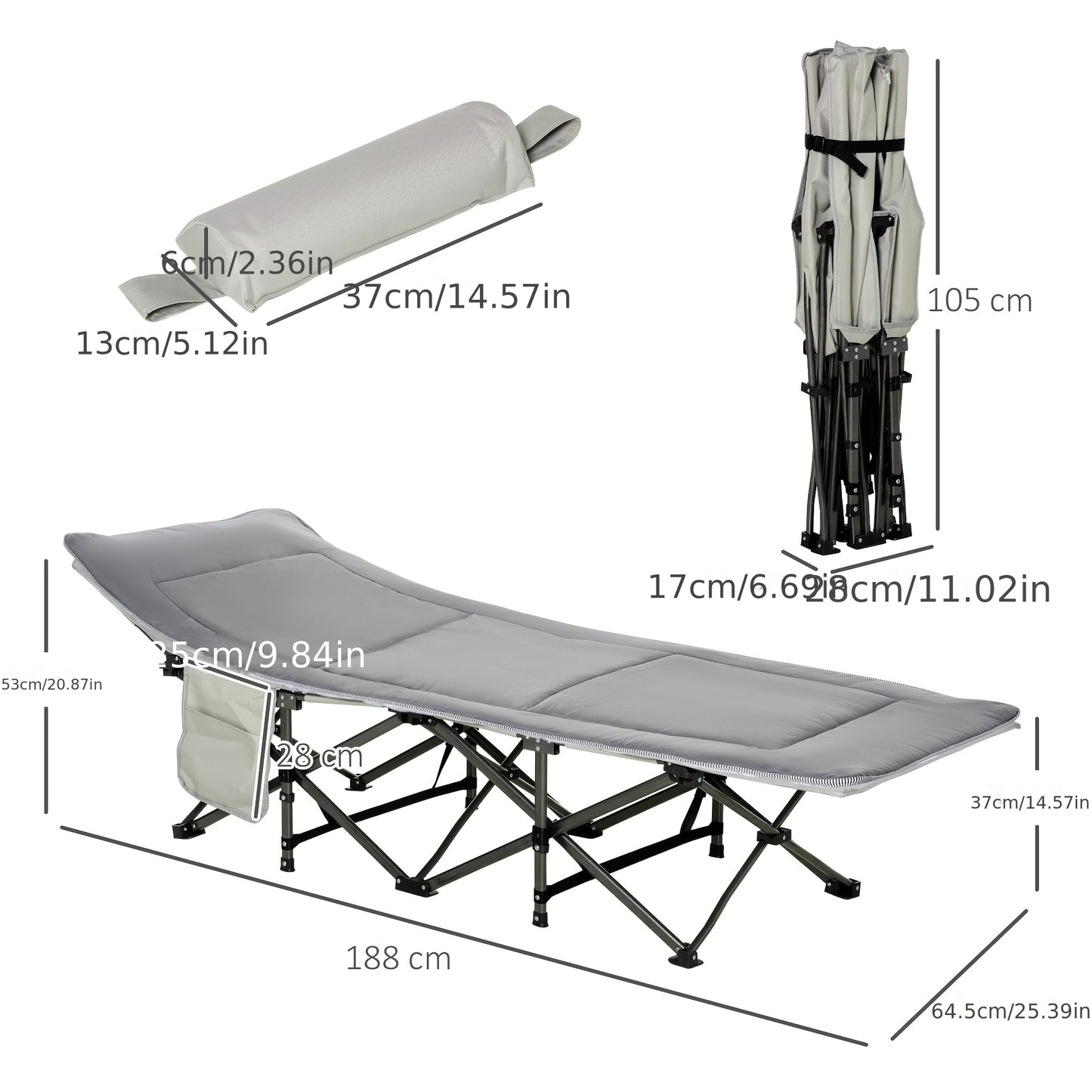 Campingbed – Reisbed – Campingbedje – Inklapbaar Bed – Ligbed – Lichtgrijs – Met Kussen en Zijzakken – Draagkracht 150 kg