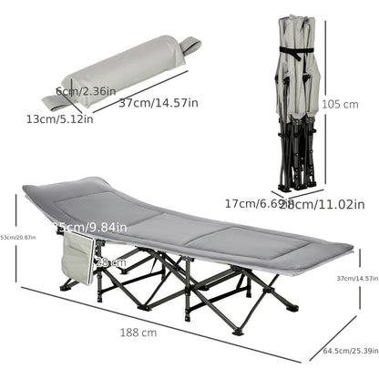 Campingbed – Reisbed – Campingbedje – Inklapbaar Bed – Ligbed – Lichtgrijs – Met Kussen en Zijzakken – Draagkracht 150 kg