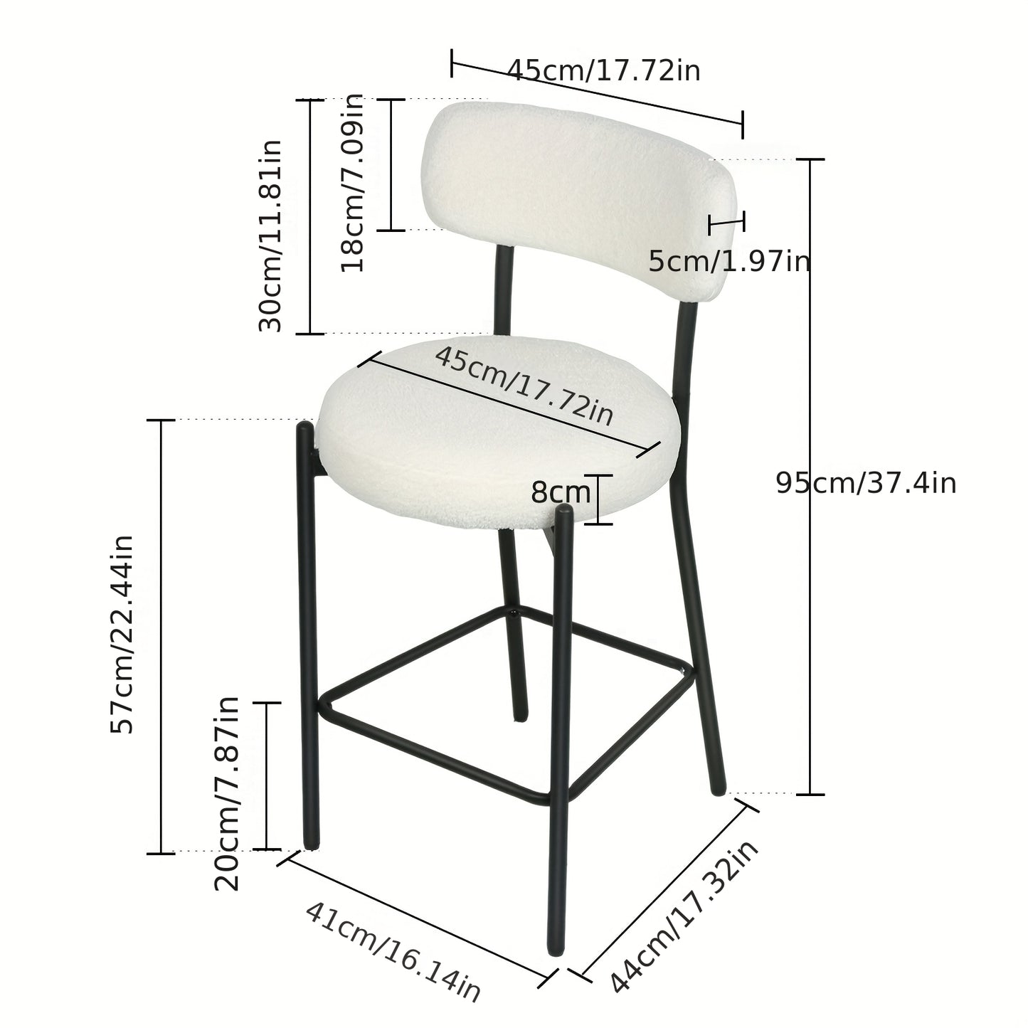 Set of 2 Modern Teddy Boucle Counter Height Chairs & Bar Stools - Plush Round Thick-Seated Padded Dining Set with Black Carbon Steel Frame, Kitchen, Cafe, Breakfast Nook Furniture for or Commercial Use - Easy Assembly