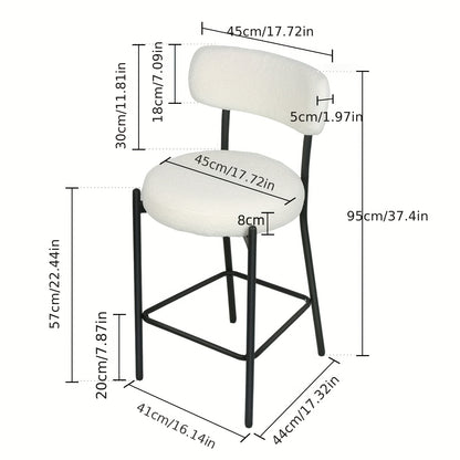 Set of 2 Modern Teddy Boucle Counter Height Chairs & Bar Stools - Plush Round Thick-Seated Padded Dining Set with Black Carbon Steel Frame, Kitchen, Cafe, Breakfast Nook Furniture for or Commercial Use - Easy Assembly