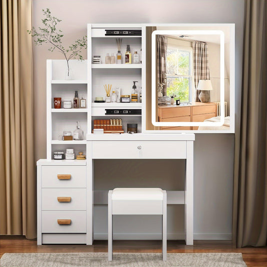 Kaptafel – Make-uptafel – Schminktisch – Toilettafel – Beautytafel – Met LED-verlichting – 4 Laden en Opbergruimte – Witte Afwerking – Inclusief Spiegel en Kruk