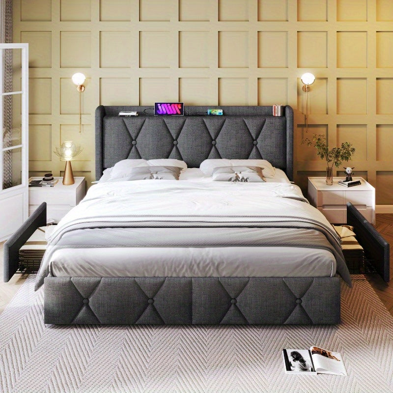 Bedframe 140x200 – Tweepersoonsbed – Opbergbed – Gestoffeerd Bed – Lattenbodem – Grijs – Met Opberglades en Hoofdeinde – Inclusief Matras en Houten Latten