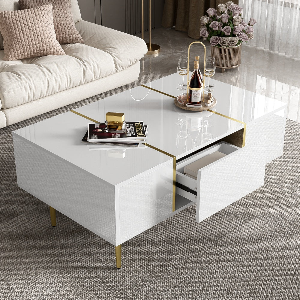 Salontafel – Koffietafel – Woonkamertafel – Bijzettafel – Tafeltje – Hoogglans Wit – 2 Ruime Lades – Gemakkelijk Schoon Te Maken
