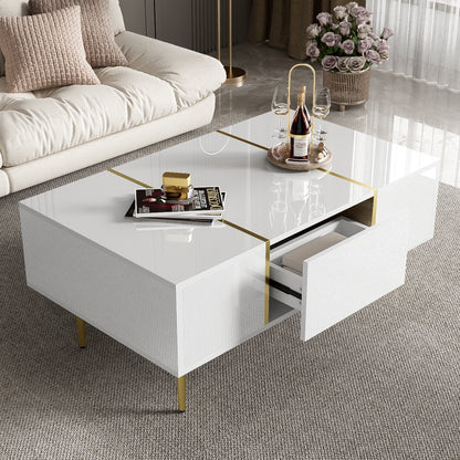 Salontafel – Koffietafel – Woonkamertafel – Bijzettafel – Tafeltje – Hoogglans Wit – 2 Ruime Lades – Gemakkelijk Schoon Te Maken
