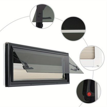 RV Ramen – Camperraam – Trailerraam – Tempered Glas Raam – Insectenhor – 700x300mm – Aluminium Profiel – Met Zonnescherm en Ventilatie