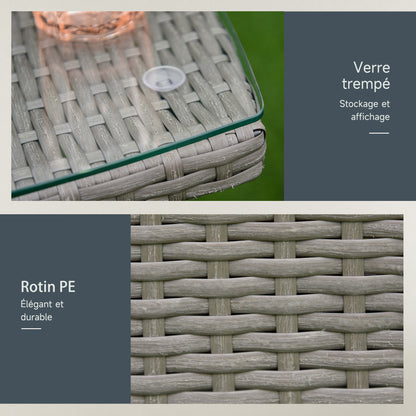 Bistro Set 2-Zits – Tuinset – Loungeset – Balkonmeubilair – Zitgroep – Wicker Rattan – Grijze Kussens – Temperglas Tafel