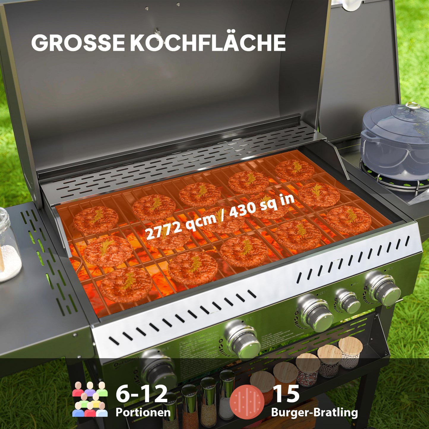 Gasbarbecue – Gas Grill – BBQ Grill – Buitenkeuken – Barbecue – Zwart – 4 Hoofdbranders – Zijbrander Met Warmhoudplaat