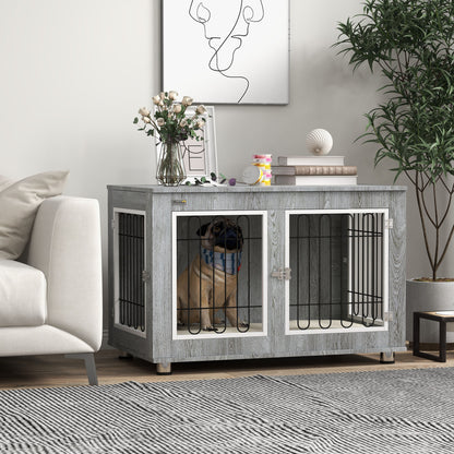 Hondenbench – Hondenbox – Hondenkooi – Hondenmand – Hondenhok – Grijs – Wasbaar Kussen – Twee Deuren Met Sloten – 90x58x65 cm – Stevige Constructie