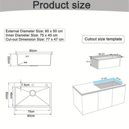Keukenspoelbak – Spoelbak – Enkele Wasbak – Gootsteen – Keukenbak – Groot 80x50 cm – Roestvrij Staal – Uittrekbare Kraan & Zeeppomp