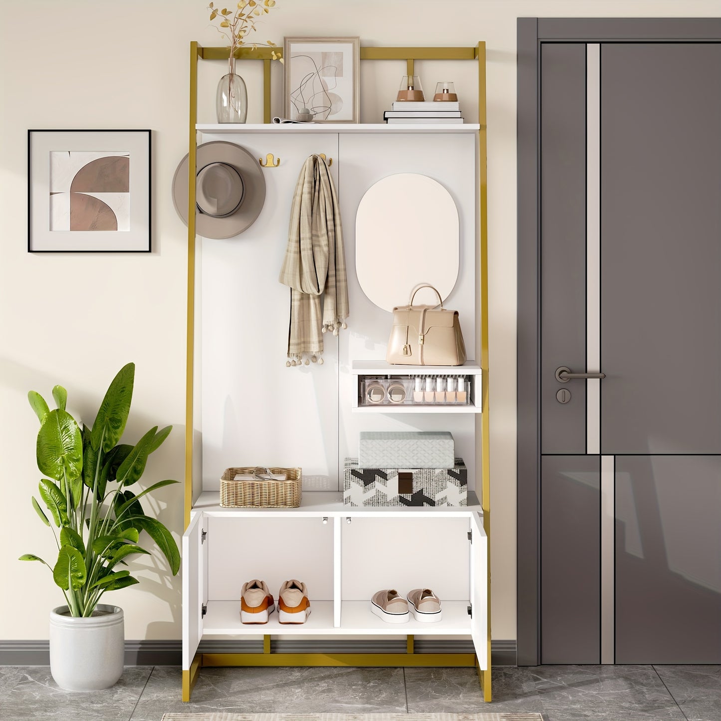 Kapstok – Jassenrek – Garderoberek – Schoenenrek – Spiegelkapstok – Vrijstaand – Rattan Materiaal – Compact Ontwerp