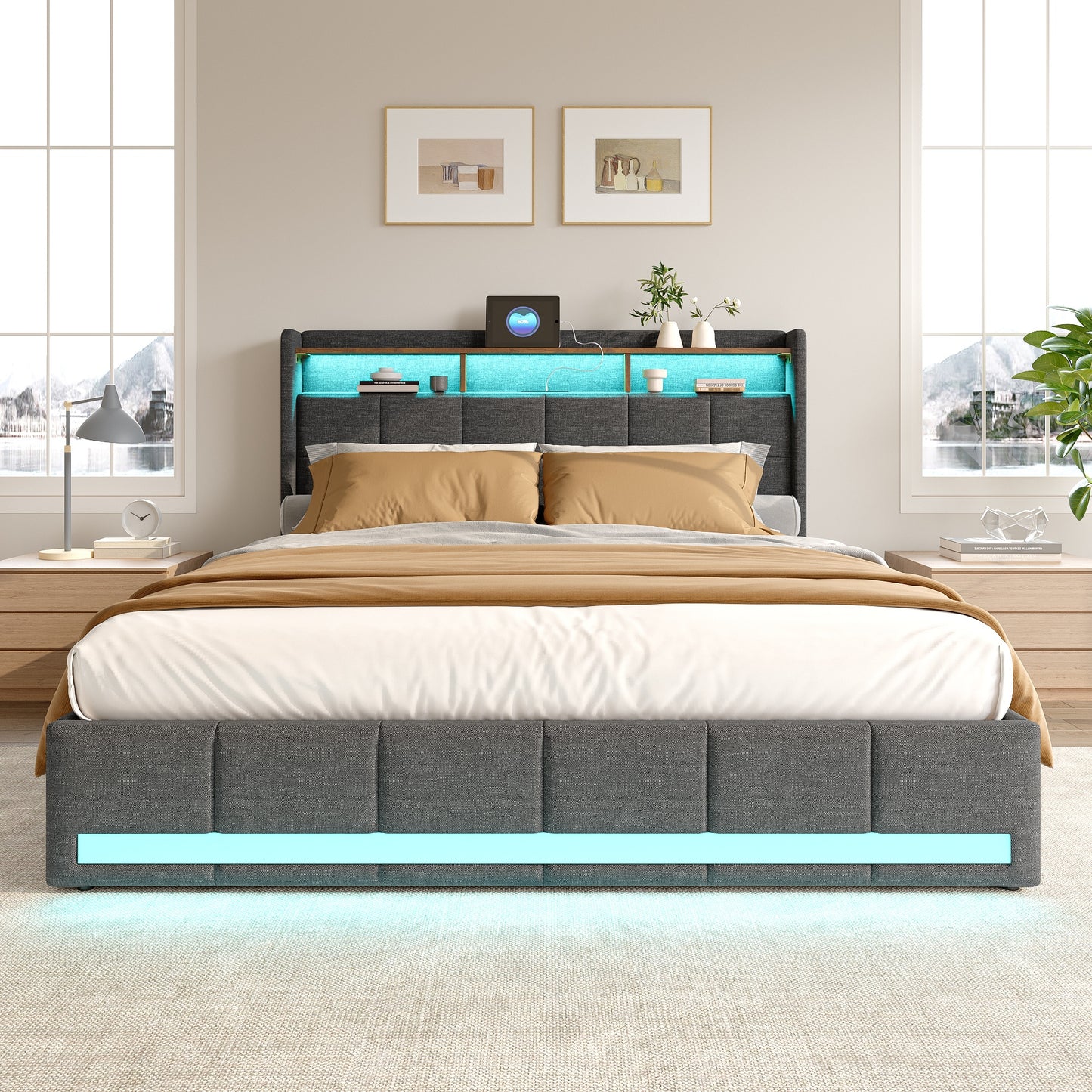 Double Bed with Storage, LED Lighting, 4 Drawers, Storage Function, USB Charging, Quick Assembly, Metal And Linen Bed Frame, Classic, for Adults, Ideal for 8Mj4Txd Bedroom.