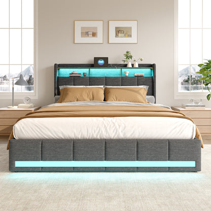 Double Bed with Storage, LED Lighting, 4 Drawers, Storage Function, USB Charging, Quick Assembly, Metal And Linen Bed Frame, Classic, for Adults, Ideal for 8Mj4Txd Bedroom.