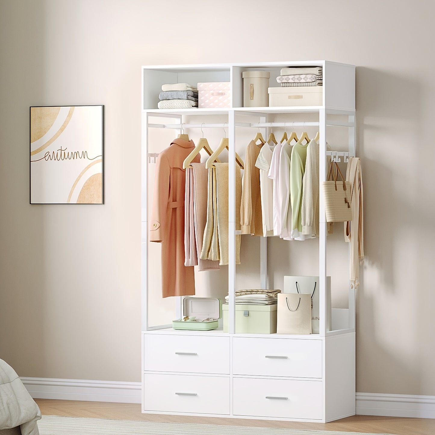 Open Kledingkast – Open Garderobekast – Kledingrek – Dressoir – Opbergkast – Wit – Met 4 Houten Lades – Stevig Metaal & MDF – Moderne Strakke Vormgeving – 100x43x185 cm – Vloerstaand