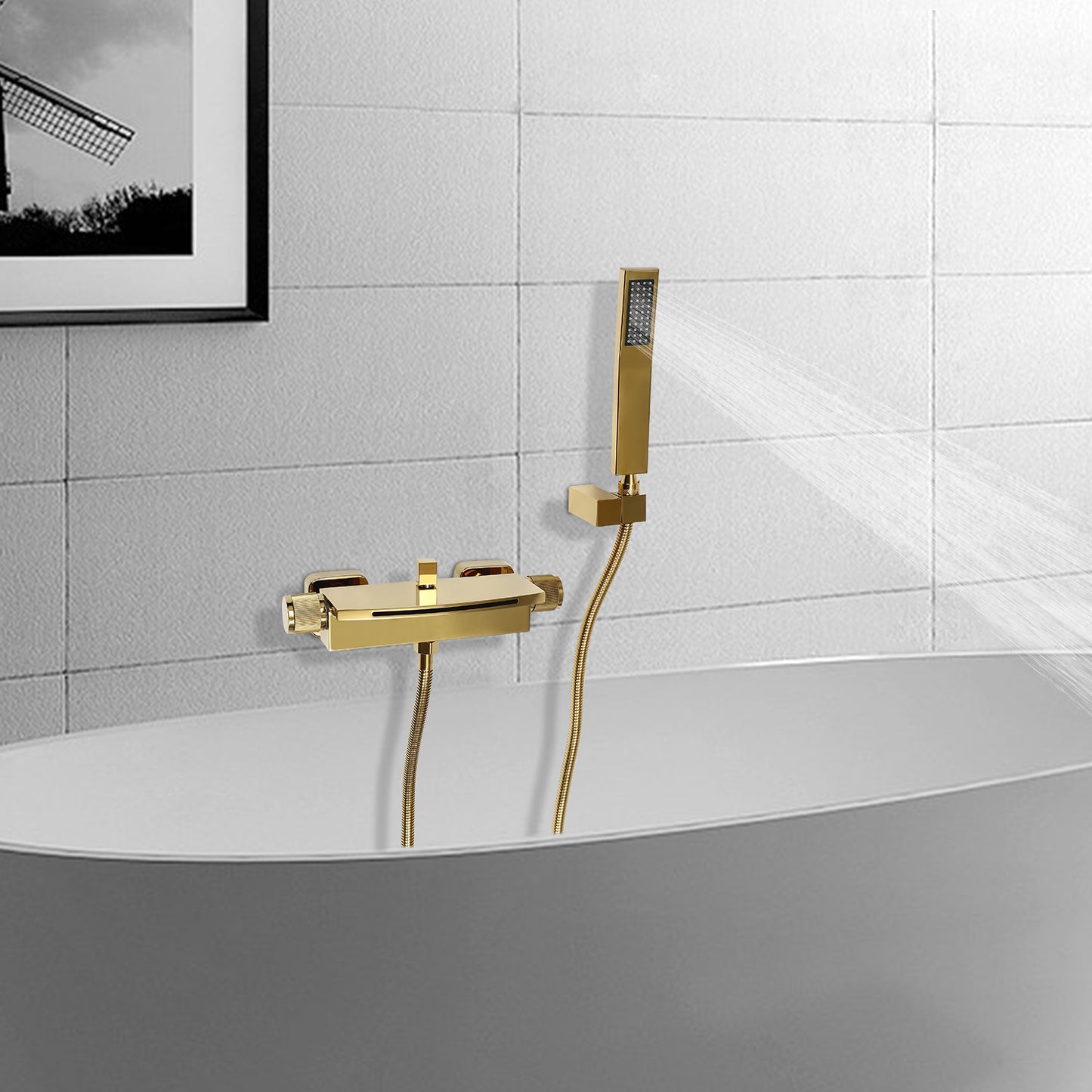 Badkraan – Wandkraan – Mengkraan – Douchekraan – Badkuipkraan – Gouden Watervaluitloop – Keramische Kleppen – 1,5m Roestvrijstalen Handdouche