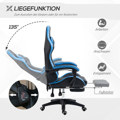 Gamingstoel – Gamestoel – Gaming Chair – Bureaustoel – Computerstoel – Verstelbare Rugleuning 135° – Inclusief Voetensteun Kunstleer Zwart/Blauw