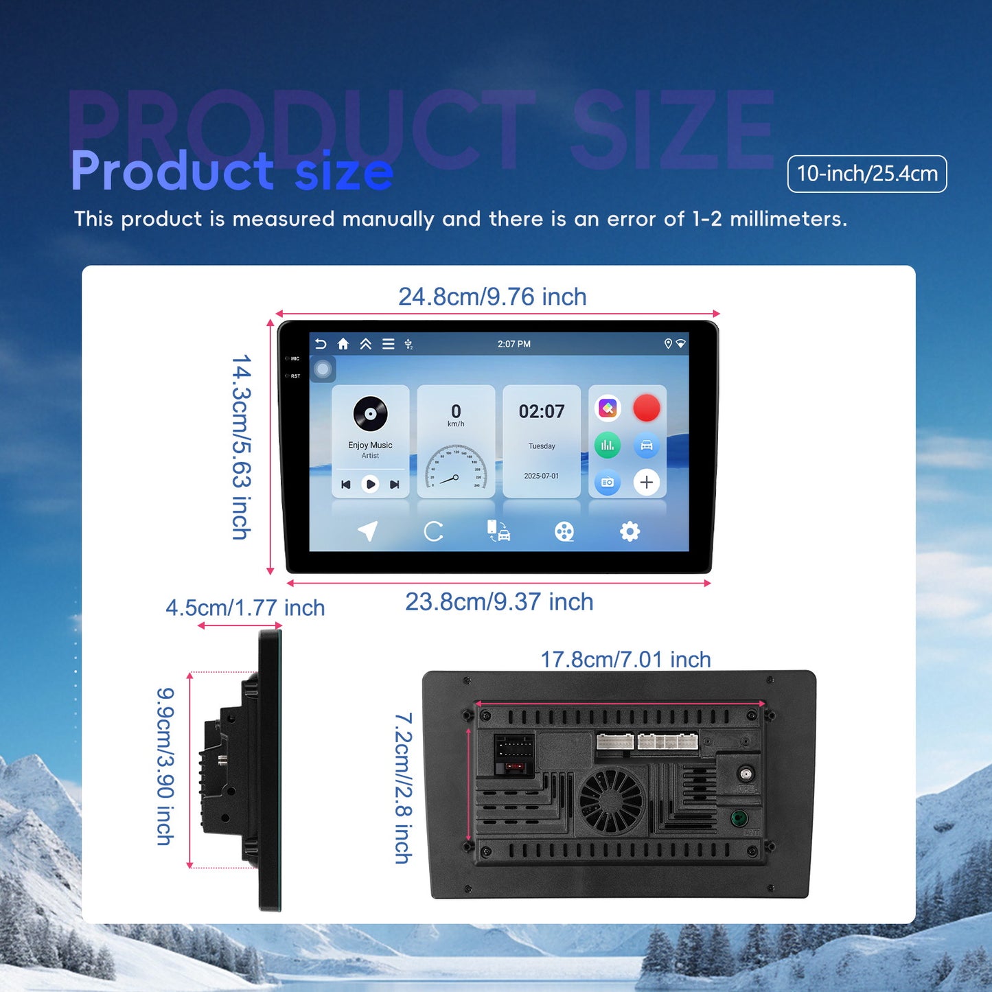 Car Stereo Featuring 4+128G Storage, Equipped with Wireless Apple Carplay And Android Auto, a 10-Inch 2 Din Android 15 Touchscreen, And Includes Wifi, SWC, FM, RDS, USB, And Camera Support.
