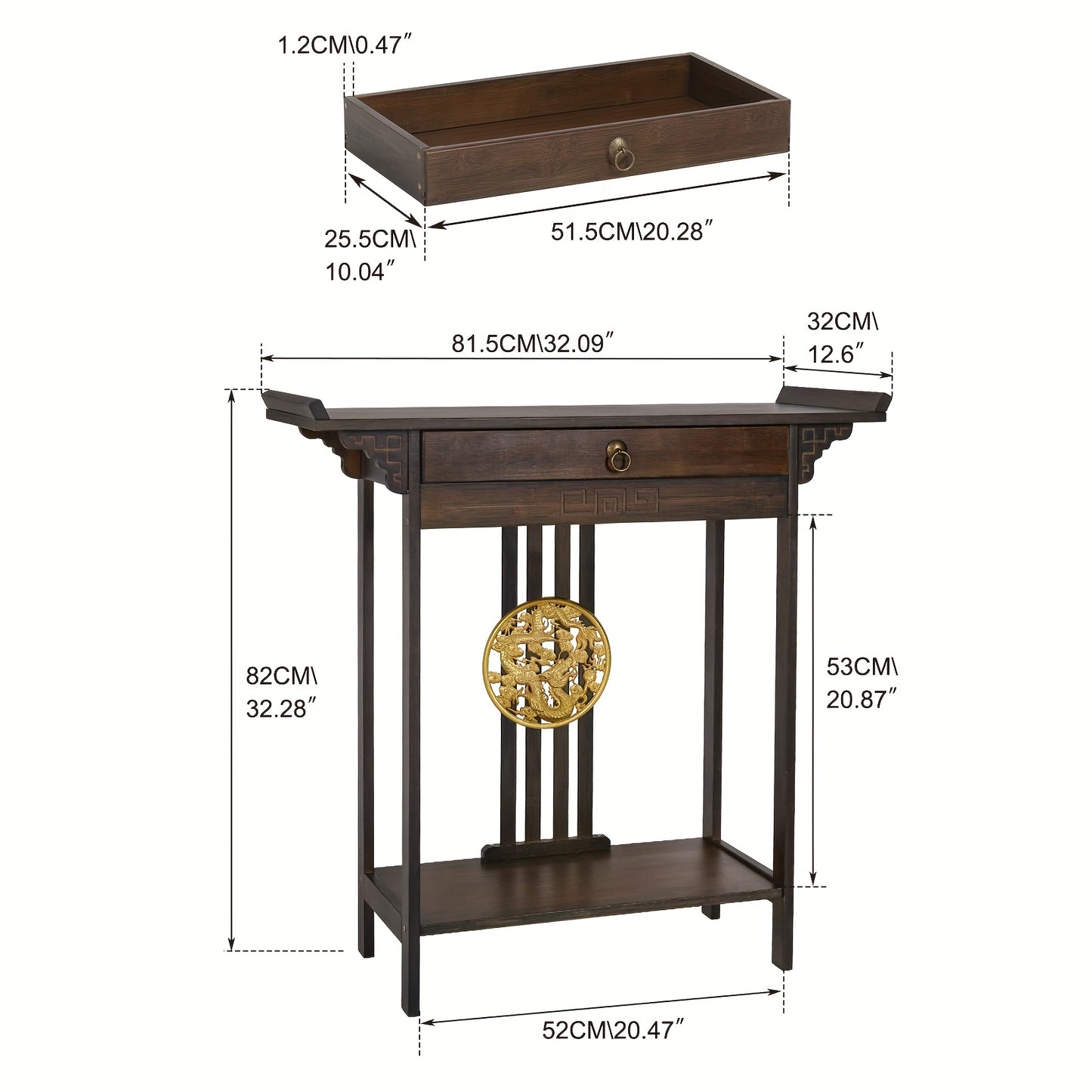 Retro Farmhouse Sidetable – Houten Dressoir – Halmeubel – Sofa Tafel – Nachtkastje – Donkerbruin – Massief Hout – Lade en Plank – 119,89x39,88x76,96 cm – Gouden Knoppen – Eenvoudige Montage