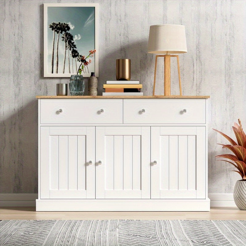 Modern Sideboard Cabinet with Engraved Texture - Large Storage Organizer, 3 Drawers & 2 Doors, Entryway Living Room Furniture, White Finish & Natural Wood Accents