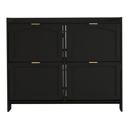 Modern Metal Shoe Cabinet with 4 Flip-Top Doors & Open Shelves - Freestanding Shoe Storage Organizer with Space-Saving Design, Sturdy Construction for Entryway, Hallway, Living Room - Black Shoe Rack with Hidden Storage Compa