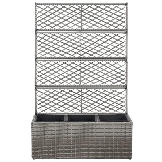 Plantenrek – Plantenstandaard – Bloemenrek – Bloempottenhouder – Pottenrek – Grigio – Polyrattan Materiaal – Verhoogde Trellis Structuur 3 Potten 83x30x130 cm